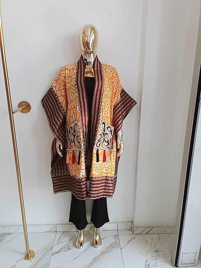 Adire kimono jacket with aso-oke and pocket Emb